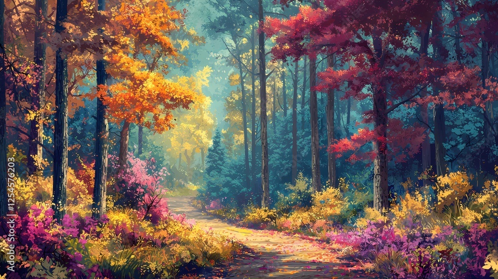 Poster enchanting forest path with vibrant autumn colors and a dreamy atmosphere in a painterly style