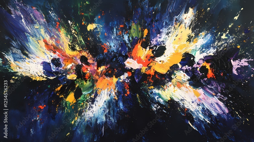 Poster Abstract Expressionism Art with Vibrant Colors and Dynamic Brushstrokes on Dark Background
