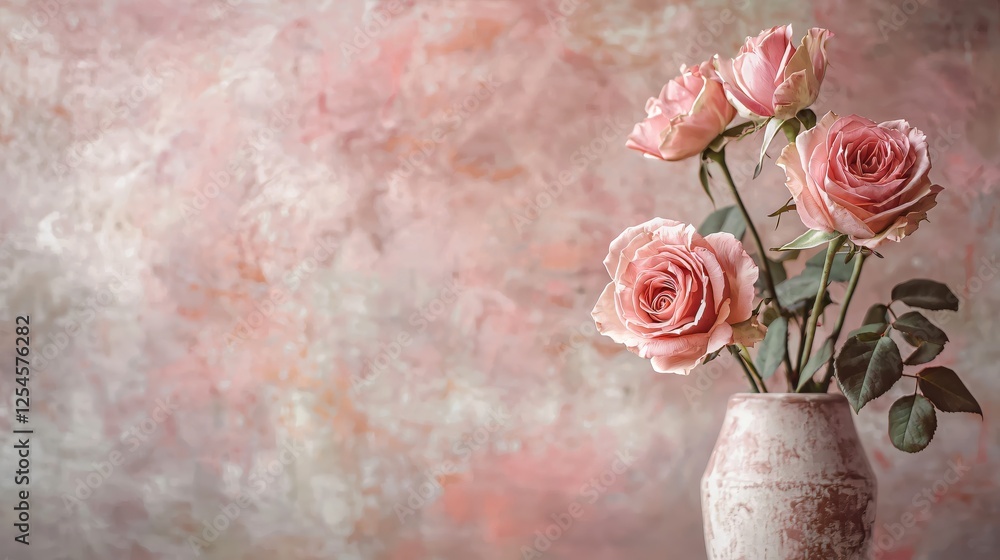 Poster elegant pink roses in rustic vase against a textured backdrop creating a romantic ambiance
