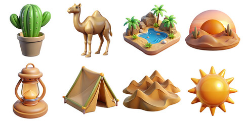 Fototapeta premium PNG 3d collection of Desert Scenes, in cartoon style minimal on transparent background, isolate