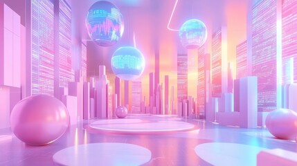 A vibrant, futuristic scene filled with colorful glowing spheres and geometric shapes, set against a soft-lit, abstract urban backdrop.