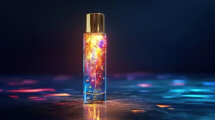 Luminous Elixir in a Glass Bottle Radiating Warmth and Mystery on a Dark Textured Surface