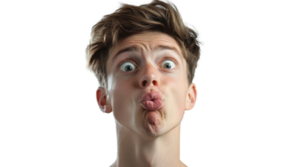 Young man making funny face with transparent background