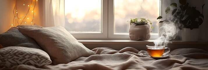 A cozy reading nook with soft pillows, fairy lights, and a steaming cup of tea, creating a warm and comforting ambiance