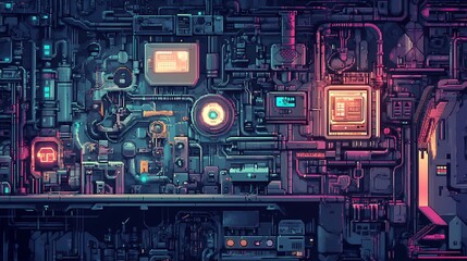 Fototapeta premium Cyberpunk Pixel Art: A Futuristic Machine's Intricate Design