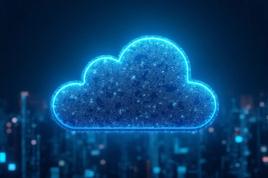 Glowing blue cloud symbol representing digital storage and technology, with futuristic city background