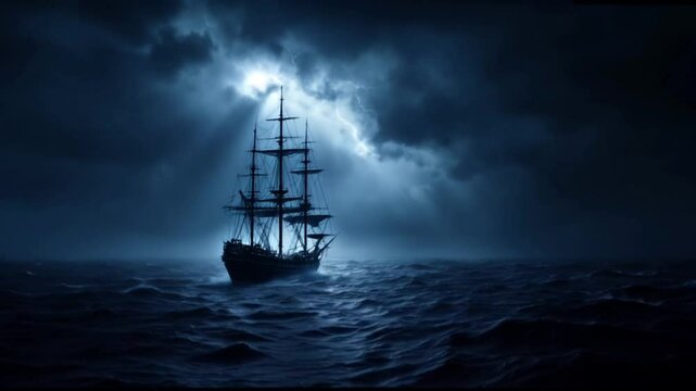 Mysterious old sailing ship navigating stormy seas under a dramatic moonlit sky, evoking adventure and suspense  
