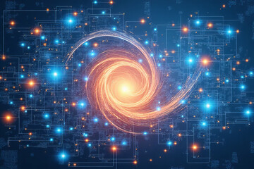Obraz premium Abstract swirling galaxy with bright lights and digital patterns
