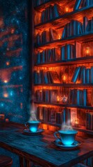Cozy cafe with glowing bookshelves and steaming coffee cups
