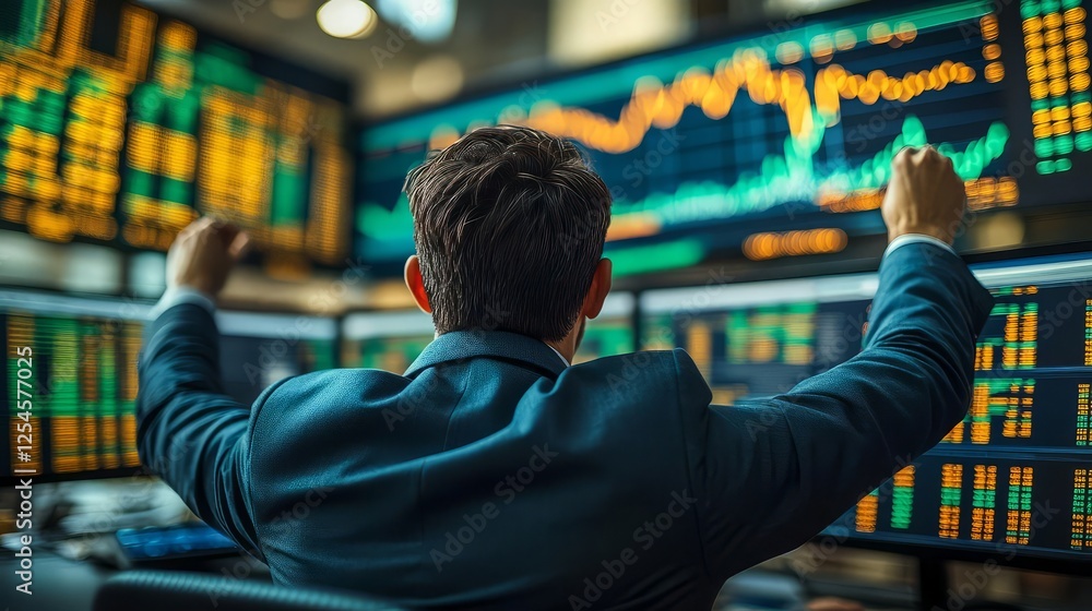 Aufkleber a trader celebrating a stock market success with multiple screens displaying graphs.