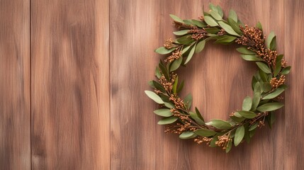 Fresh Green Wreath on Wooden Background for Seasonal Decor. Generative AI