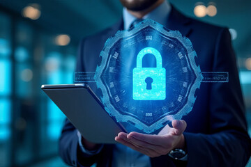 businessman holding tablet with digital padlock symbol, representing security and technology