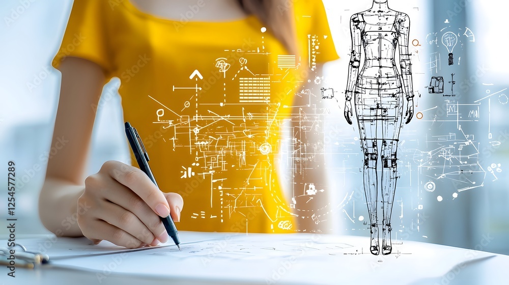 Poster Designer Crafting Detailed Dress Pattern with Mannequin Prototype in the Background Illustrating the Fashion Design and Development Process