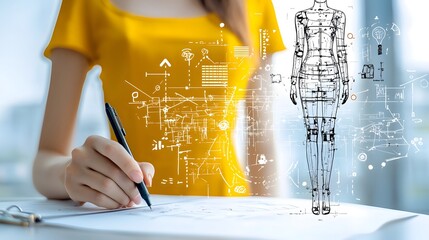Designer Crafting Detailed Dress Pattern with Mannequin Prototype in the Background Illustrating the Fashion Design and Development Process
