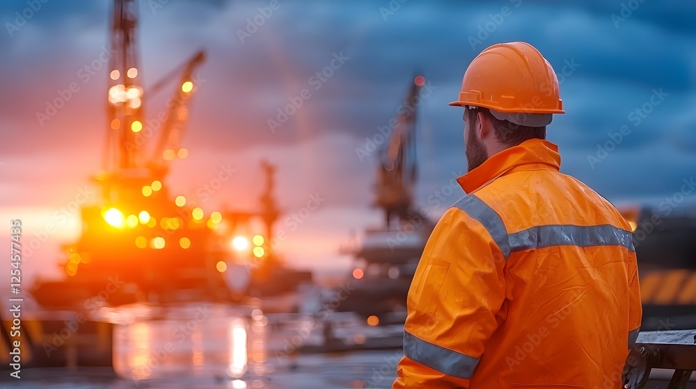 Poster Dramatic aerial view of a stormy offshore drilling platform with a dedicated team managing the complex oil extraction machinery and advanced monitoring systems in use