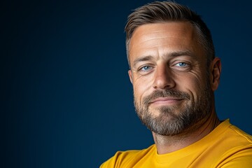 Obraz premium Portrait of a man with blue eyes wearing a yellow shirt against a dark background