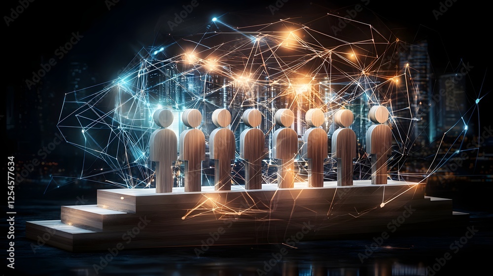 Aufkleber conceptual art depicting radiant wooden figures aligned on towering business buildings symbolizing t