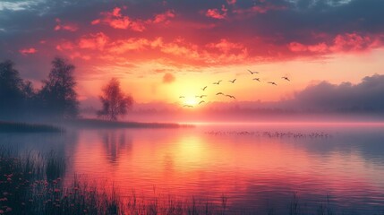Obraz premium Sunset Reflection on Lake with Birds in the Sky. Generative AI