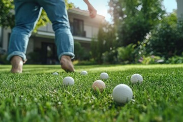 Outdoor leisure activity involving golf balls on a sunny day in a backyard