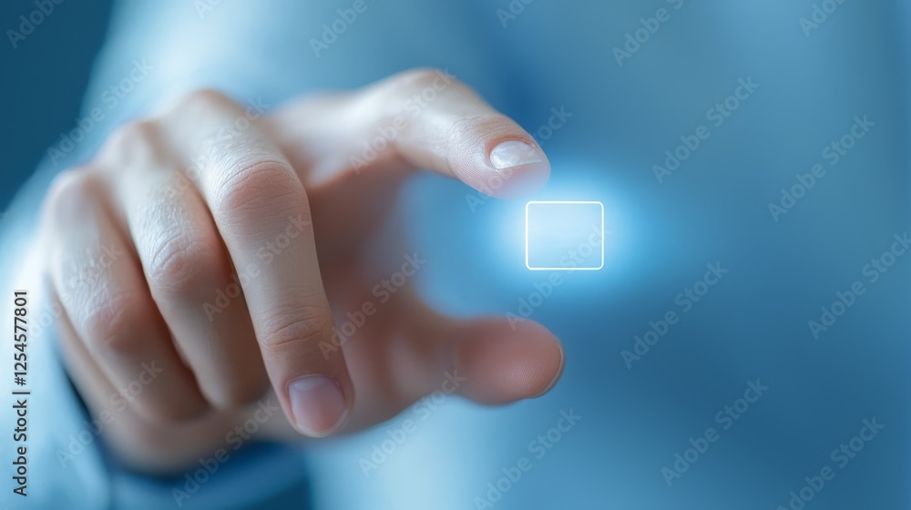 Poster closeup of hand interacting with touch screen digital interface, seamless and responsive technology.