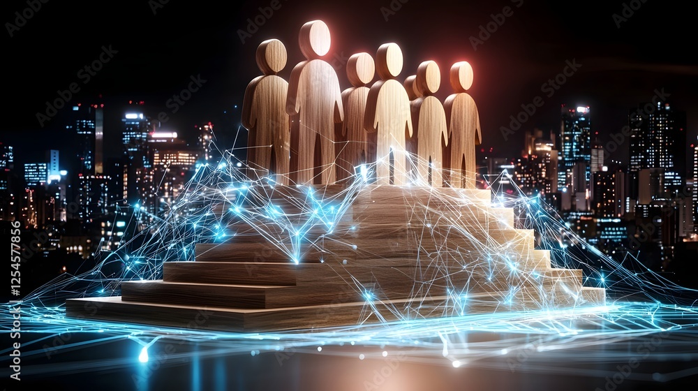 Poster abstract visualization of glowing wooden figures standing in unity atop urban office buildings refle
