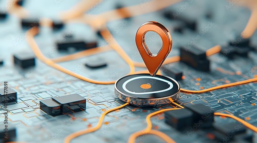 Poster detailed close up view of a contemporary gps navigation device showing a city map with a highlighted