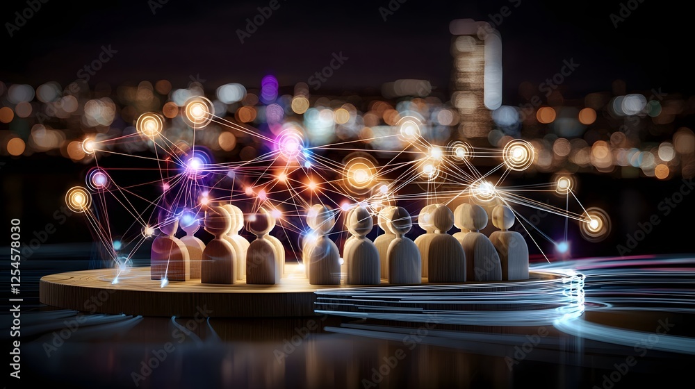 Poster radiant network of glowing interconnected wooden figures symbolizing unity global futuristic innovat