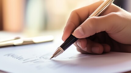 A businessman signing an official document, symbolizing agreements, contracts, and professional commitments in a corporate setting.