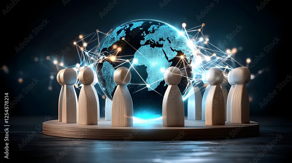 Poster Group of wooden figures standing together on a smooth wooden platform surrounded by a glowing digital globe with interconnected energy lines symbolizing global technological progress