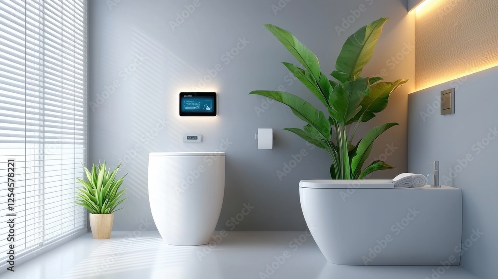 Poster sleek and modern iot enabled bathroom featuring embedded digital displays smart sensors and sophisti