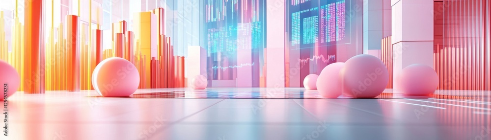 Poster a vibrant, futuristic scene featuring colorful vertical bars and soft spheres, creating an abstract 