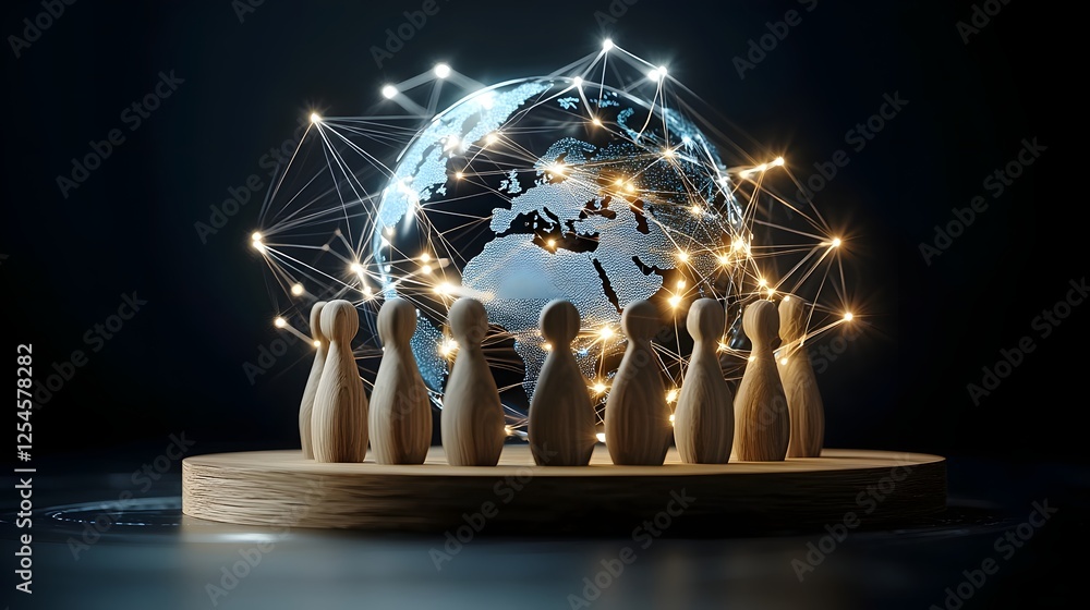Poster Wooden figurines standing together on a smooth wooden platform surrounded by a glowing digital globe with interconnected energy lines symbolizing global unity and in a scene with soft