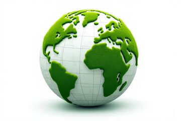 Green globe with textured continents on white background, symbolizing sustainability and environmental awareness