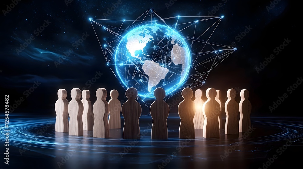 Leinwandbilder Minimalist wooden figurines arranged in a structured formation with a futuristic glowing digital globe hovering above and dynamic network links
