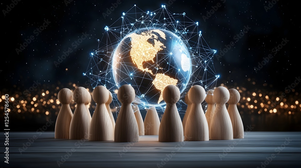 Poster Minimalist wooden figurines arranged in a structured formation with a futuristic glowing digital globe hovering above symbolizing worldwide relationships and through dynamic network links