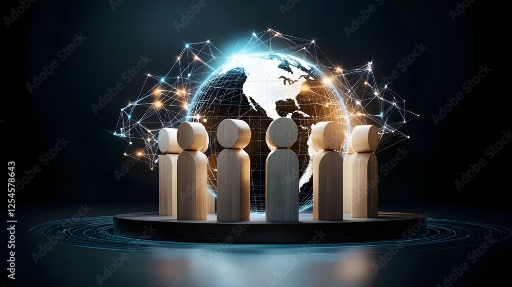 Poster Stylized wooden figures standing in unity encircled by a luminous wireframe globe with interconnected lines symbolizing international teamwork and shared knowledge