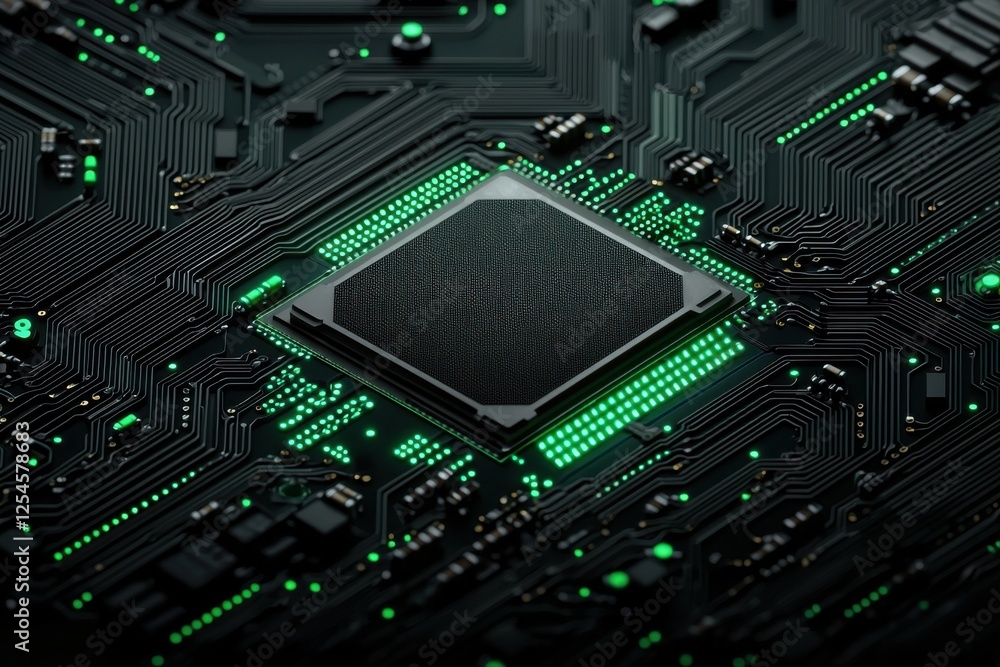 Poster the sustainable technology of a glowing microchip circuit board with vivid neon colors and a futuris