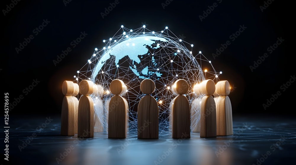 Poster Stylized wooden figures standing in unity encircled by a luminous wireframe globe with interconnected lines