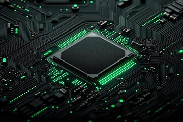 Fototapeta premium The sustainable technology of a glowing microchip circuit board with vivid neon colors and a futuristic design showcasing the innovation and advancement in the field of electronics computing
