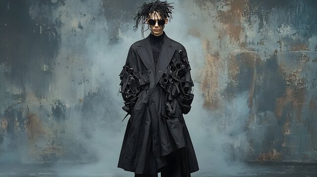 Dramatic and visionary avant garde fashion portrait featuring a bold genderless asymmetric textured coat in a moody monochrome studio setting exuding a futuristic conceptual and theatrical aesthetic