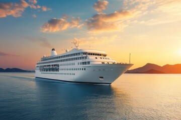 Cruise ship sailing in calm waters during sunset near mountainous coastline. Generative AI