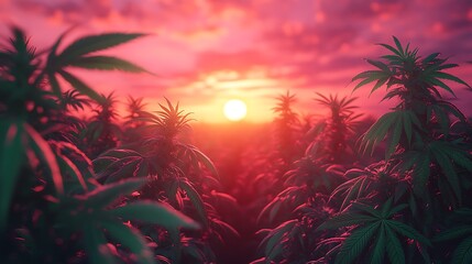 Naklejka premium A surreal vaporwave aesthetic featuring floating vinyl records cannabis leaves and neon grid backgrounds
