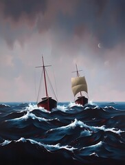 Two Sailing Ships Navigating Rough Seas with Cloudy Sky Artwork