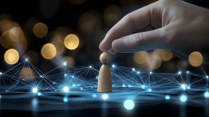 Conceptual artwork depicting a guiding hand gently placing a wooden figure among a glowing futuristic digital network symbolizing the themes of career progression innovation and human connection