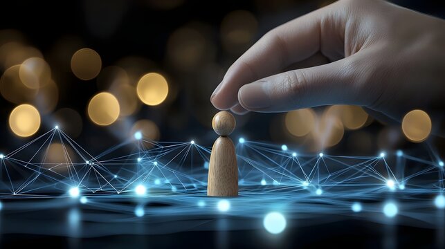 Conceptual artwork depicting a guiding hand gently placing a wooden figure among a glowing futuristic digital network symbolizing the themes of career progression innovation and human connection