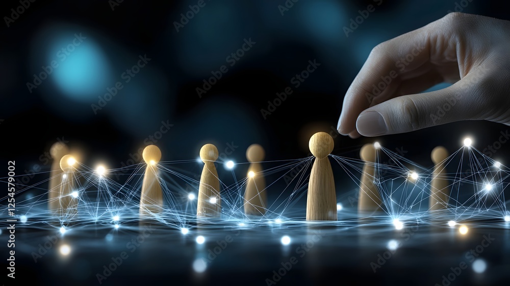 Leinwandbilder Minimalist yet powerful depiction of a hand positioning a wooden figure among bright pulsating digital nodes symbolizing influence professional development and digital transformation