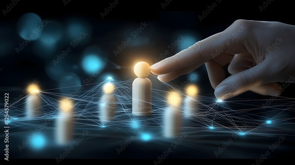 Poster Minimalist yet Powerful Depiction of a Hand Positioning a Wooden Figure Amid Bright Pulsating Digital Nodes   Symbolizing Influence Professional Development and Digital Transformation