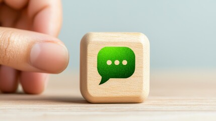 Person pressing green message bubble, instant communication and digital interaction in the modern era of online connectivity