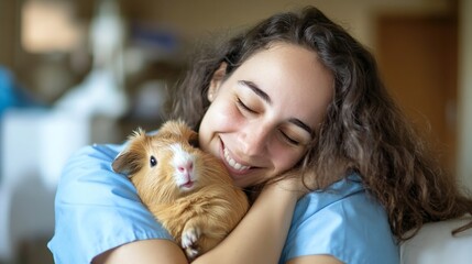 Fototapeta premium Woman cuddling guinea pig, home interior