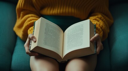 Fototapeta premium Person reading a book on a cozy couch during a relaxed afternoon at home